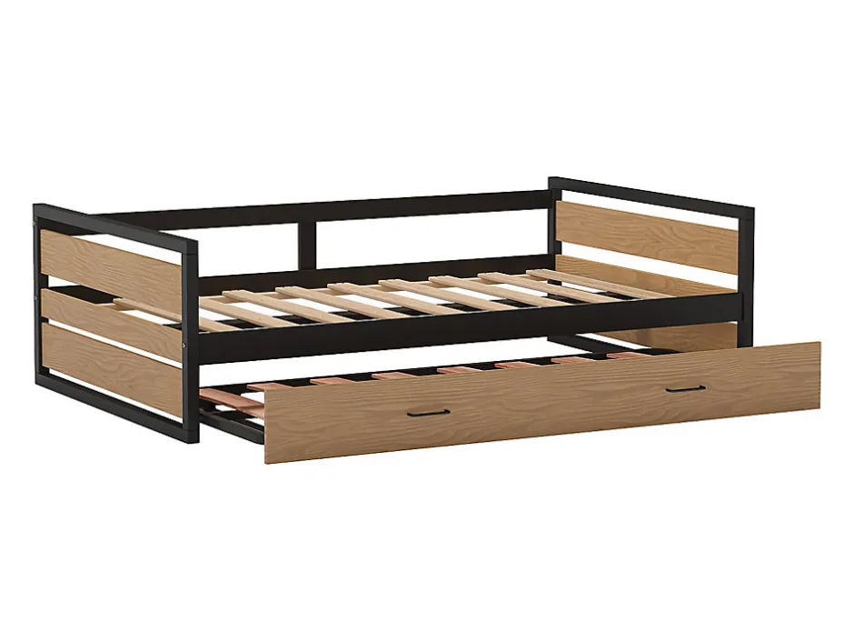 Enfant Vente-unique Lit gigogne 120 x 200 et 90 x 200 cm - MDF, Pin et métal - Naturel et anthracite + Matelas - BOSTON