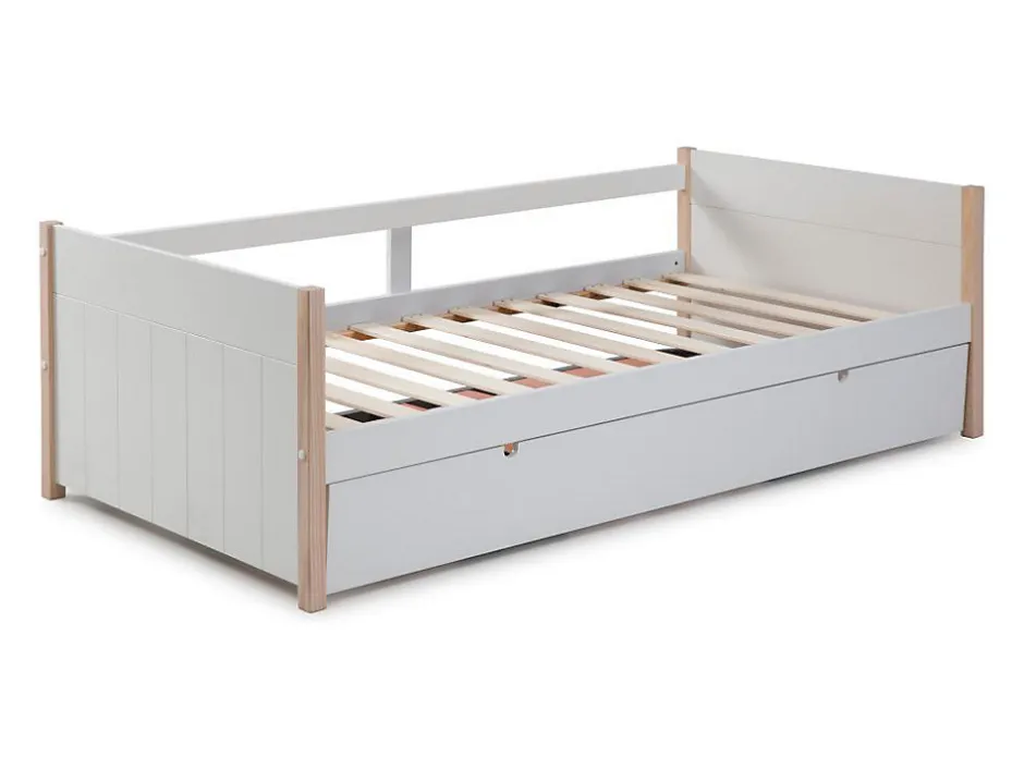 Vente-unique Lit gigogne 2 x 90 x 190 cm - MDF, pin et métal - Blanc et naturel - MAREKI