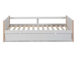 Vente-unique Lit gigogne 2 x 90 x 190 cm - MDF, pin et métal - Blanc et naturel - MAREKI