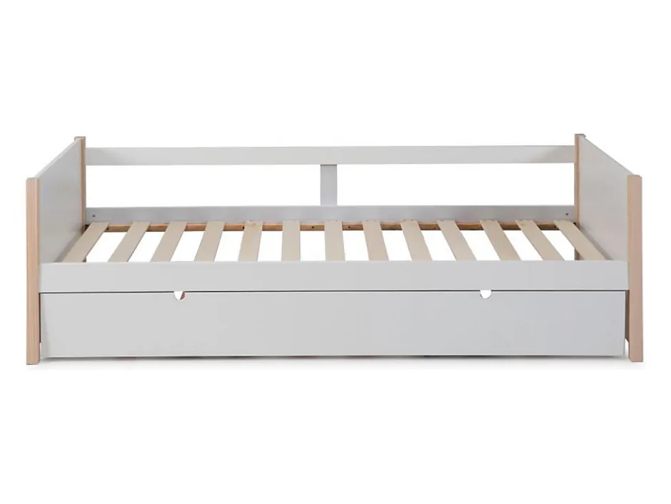 Vente-unique Lit gigogne 2 x 90 x 190 cm - MDF, pin et métal - Blanc et naturel - MAREKI