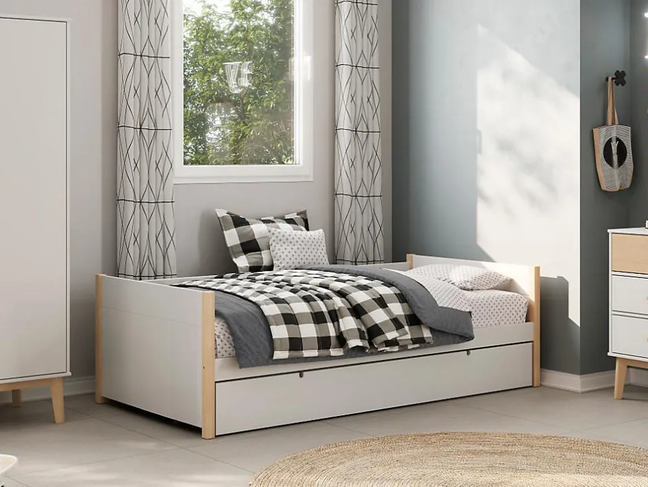 Vente-unique Lit gigogne 2 x 90 x 190 cm - MDF, pin et métal - Blanc et naturel - MAREKI
