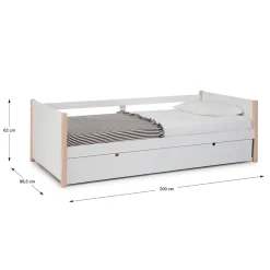 Vente-unique Lit gigogne 2 x 90 x 190 cm - MDF, pin et métal - Blanc et naturel - MAREKI