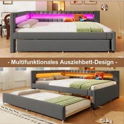 Okwish Lit Gigogne Ado 140x200 cm - avec Sommier Coulissant, Bande LED et Ports USB Type-C, Matériaux Lin et MDF, sans Matelas, Gris Hot