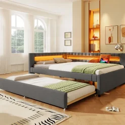 Okwish Lit Gigogne Ado 140x200 cm - avec Sommier Coulissant, Bande LED et Ports USB Type-C, Matériaux Lin et MDF, sans Matelas, Gris Hot