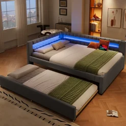 Okwish Lit Gigogne Ado 140x200 cm - avec Sommier Coulissant, Bande LED et Ports USB Type-C, Matériaux Lin et MDF, sans Matelas, Gris Hot