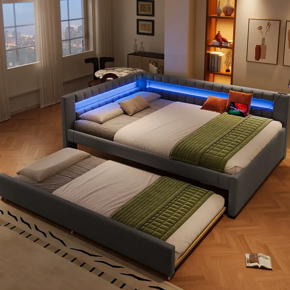 Okwish Lit Gigogne Ado 140x200 cm - avec Sommier Coulissant, Bande LED et Ports USB Type-C, Matériaux Lin et MDF, sans Matelas, Gris Hot