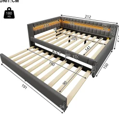 Okwish Lit Gigogne Ado 140x200 cm - avec Sommier Coulissant, Bande LED et Ports USB Type-C, Matériaux Lin et MDF, sans Matelas, Gris Hot