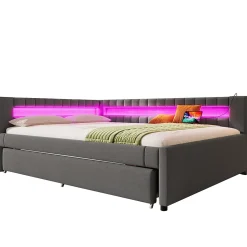 Okwish Lit Gigogne Ado 140x200 cm - avec Sommier Coulissant, Bande LED et Ports USB Type-C, Matériaux Lin et MDF, sans Matelas, Gris Hot