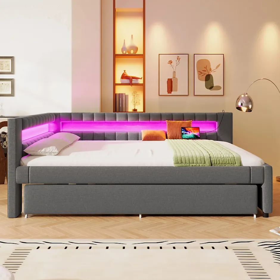 Okwish Lit Gigogne Ado 140x200 cm - avec Sommier Coulissant, Bande LED et Ports USB Type-C, Matériaux Lin et MDF, sans Matelas, Gris Hot