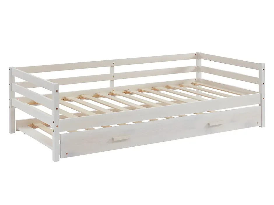 Vente-unique Lit gigogne AEDAN II - 2 x 90 x 190 cm - Pin massif et MDF - Blanchi + matelas Online