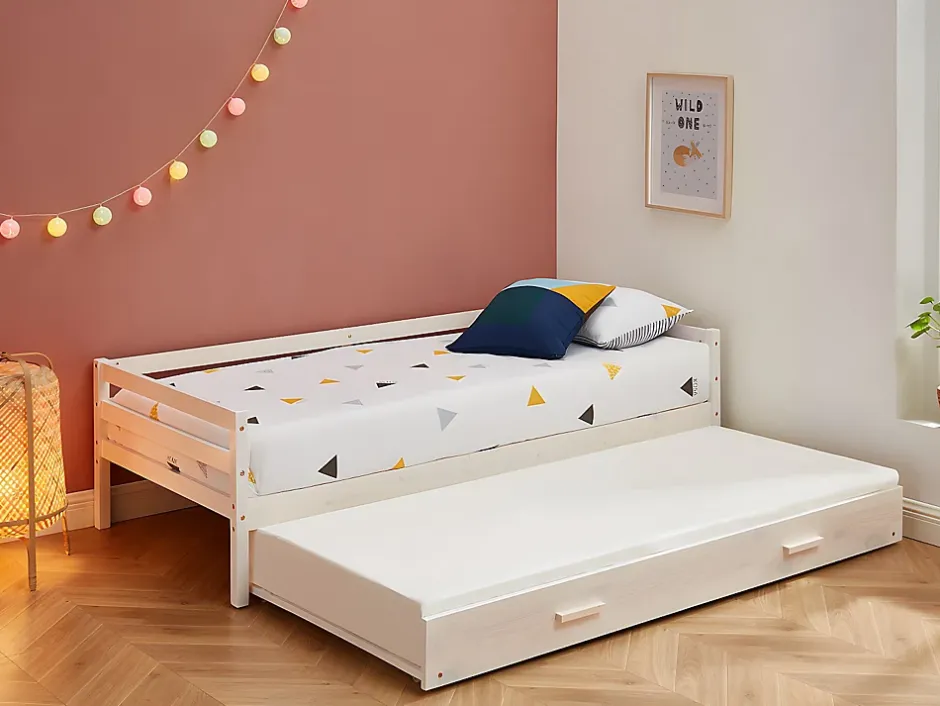 Vente-unique Lit gigogne AEDAN II - 2 x 90 x 190 cm - Pin massif et MDF - Blanchi + matelas Online
