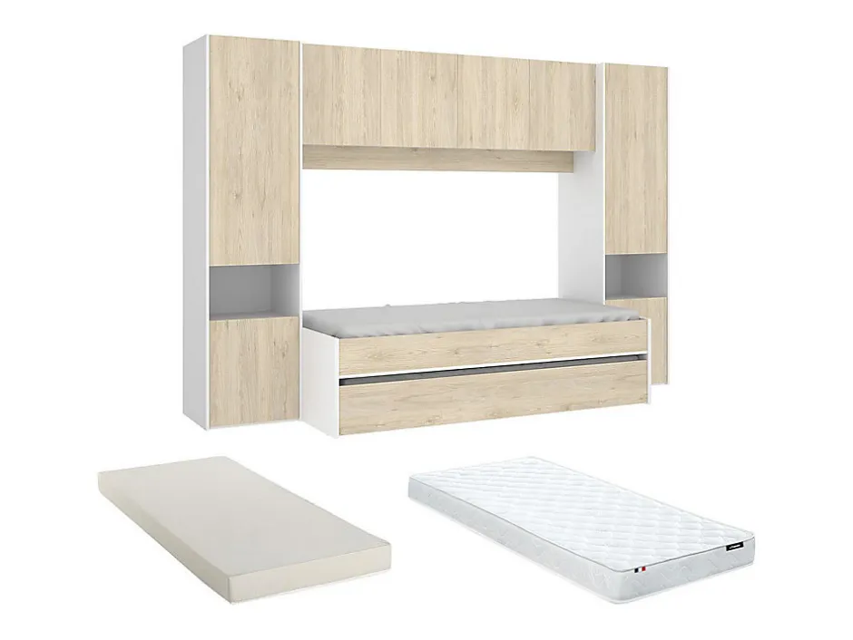 Vente-unique Lit gigogne avec pont de lit SELENA - 90 x 190 cm - Coloris : chêne et blanc + Matelas