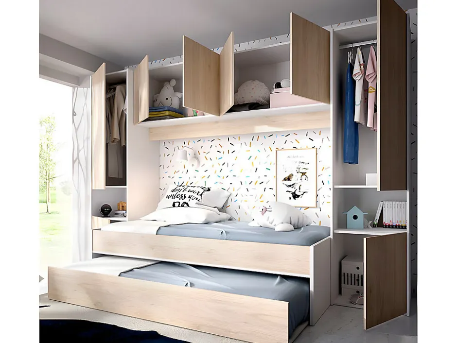 Vente-unique Lit gigogne avec pont de lit SELENA - 90 x 190 cm - Coloris : chêne et blanc + Matelas