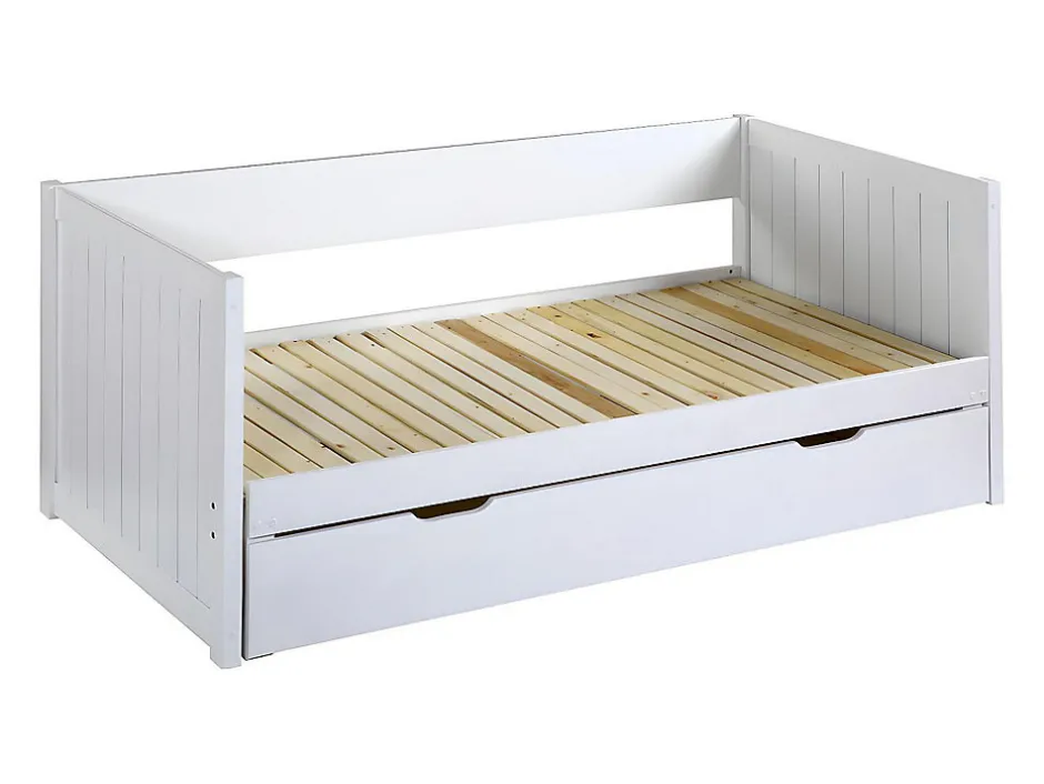 Vente-unique Lit gigogne banquette 90 x 190 ou 174 x 190 cm - Avec sommier peigne et tiroir - Pin et MDF - Blanc - ALFIERO II