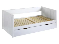 Vente-unique Lit gigogne banquette 90 x 190 ou 174 x 190 cm - Avec sommier peigne et tiroir - Pin et MDF - Blanc - ALFIERO II