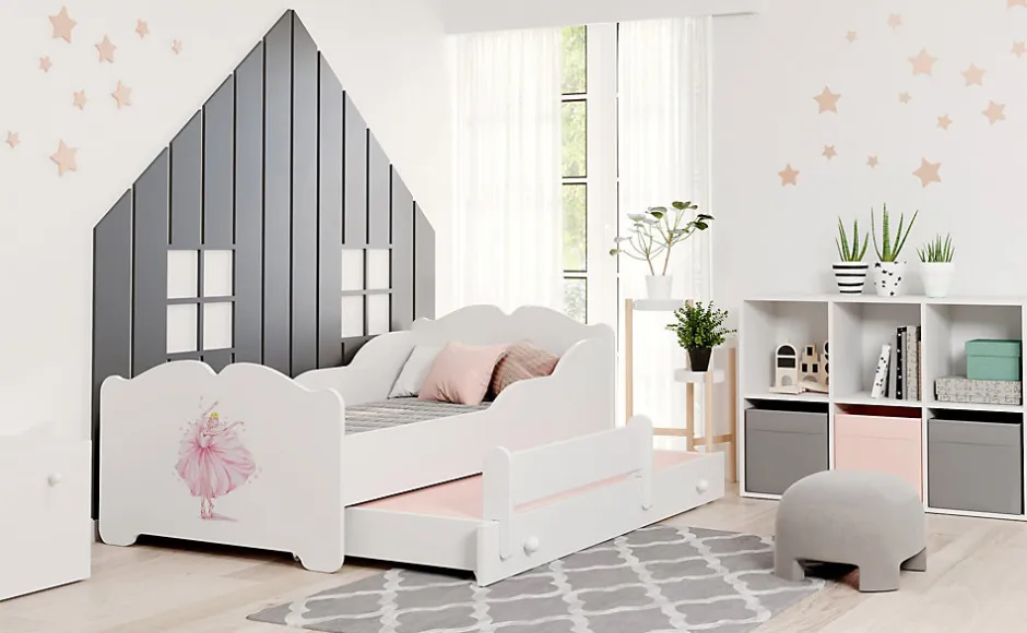 Htmeubles Lit gigogne blanc ARMONA - Princesse rose - 2 x 160 cm x 80 cm