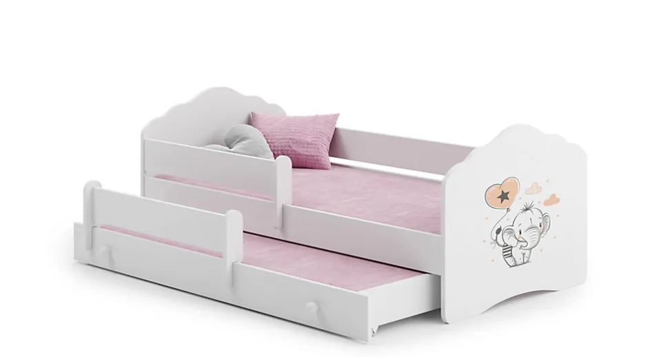 Htmeubles Lit gigogne blanc FIONA avec sommier et matelas - Elephant orange - 2 x 160 cm x 80 cm