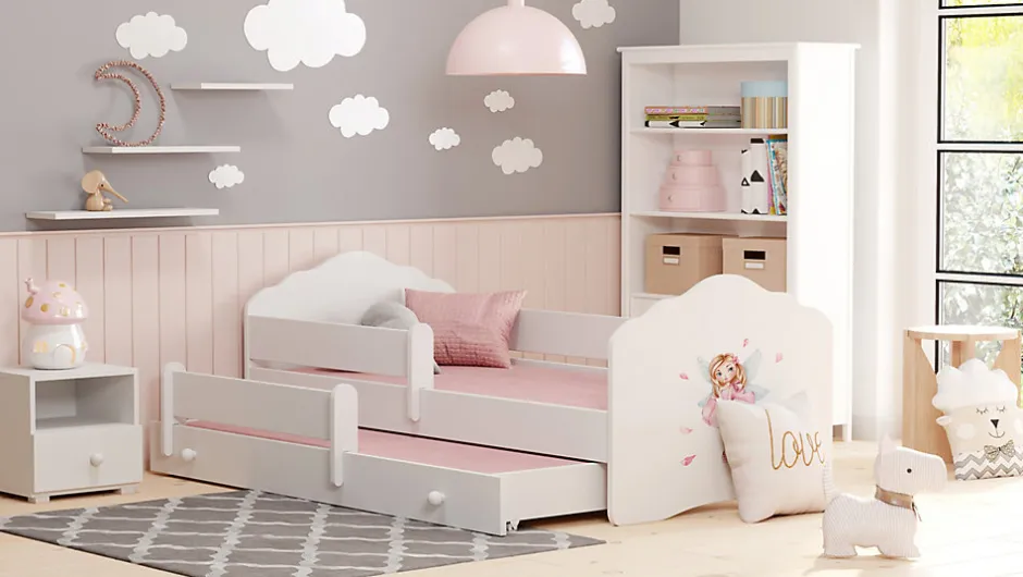 Htmeubles Lit gigogne blanc FIONA avec sommier et matelas - Fée rose - 2 x 160 cm x 80 cm