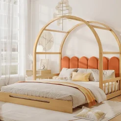 Okwish Lit gigogne cabane enfant 140x200 cm avec toit arqué et coussins en velours - pin massif naturel et orange