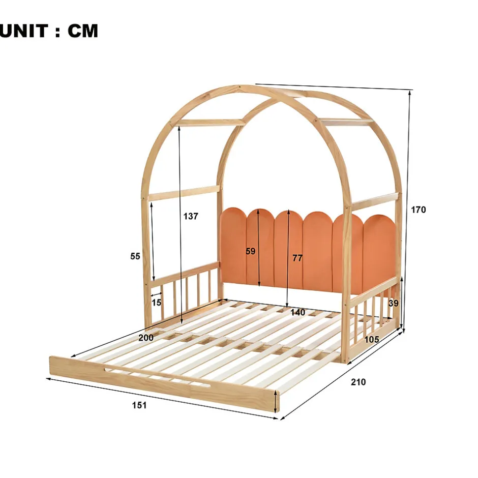 Okwish Lit gigogne cabane enfant 140x200 cm avec toit arqué et coussins en velours - pin massif naturel et orange