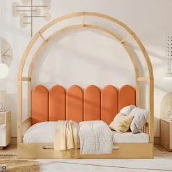 Okwish Lit gigogne cabane enfant 140x200 cm avec toit arqué et coussins en velours - pin massif naturel et orange
