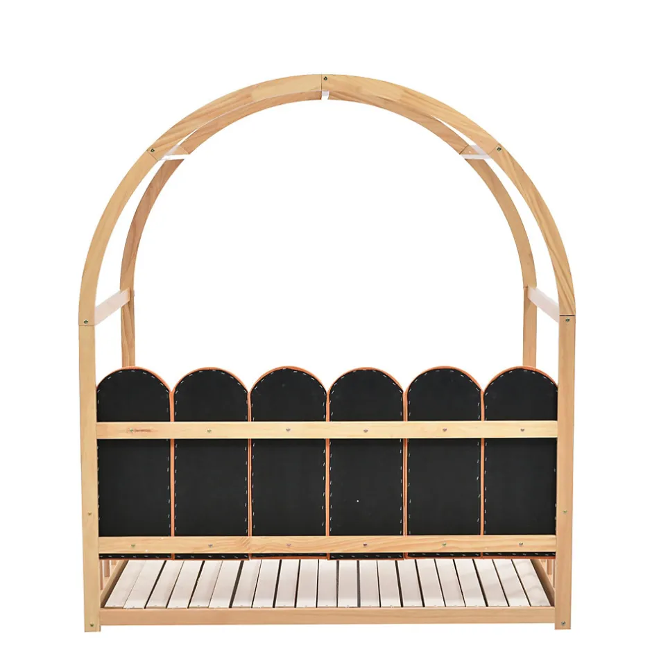 Okwish Lit gigogne cabane enfant 140x200 cm avec toit arqué et coussins en velours - pin massif naturel et orange