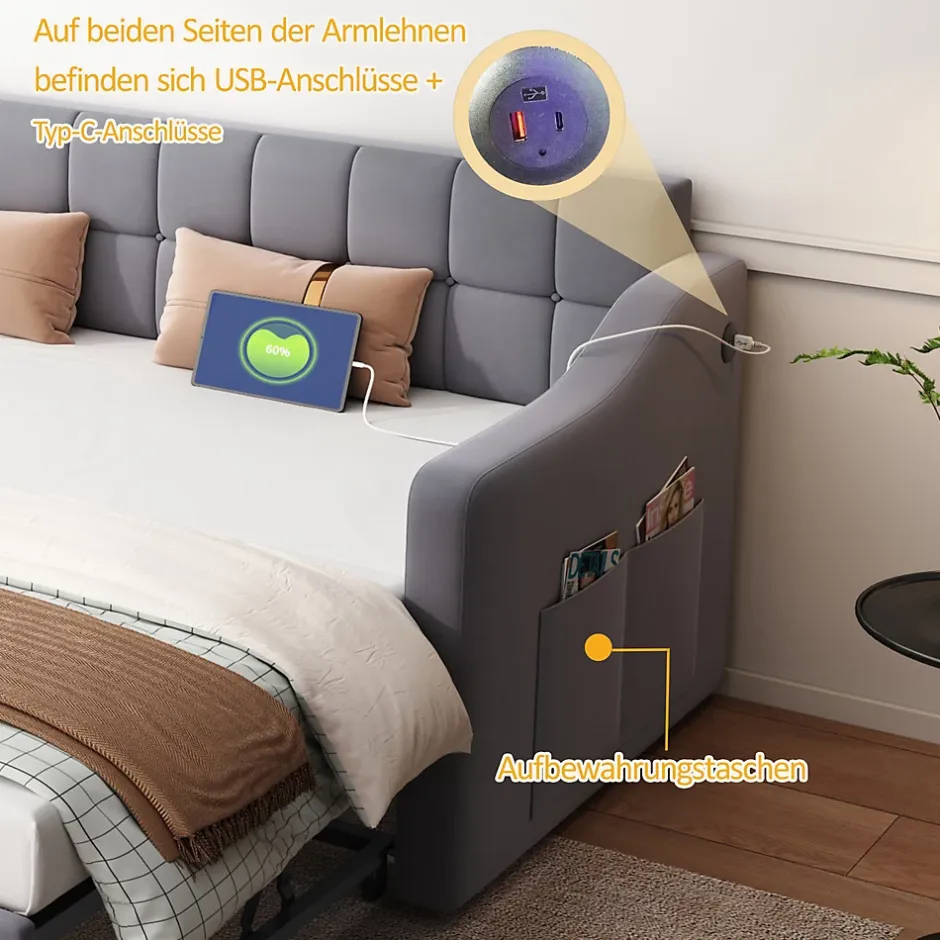 Okwish Lit Gigogne Capitonné 2-en-1 90/180x190 cm avec Rangement et Prise USB, Lit Convertible en Velours, Gris Discount