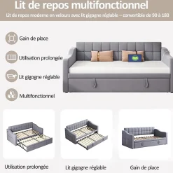 Okwish Lit Gigogne Capitonné 2-en-1 90/180x190 cm avec Rangement et Prise USB, Lit Convertible en Velours, Gris Discount