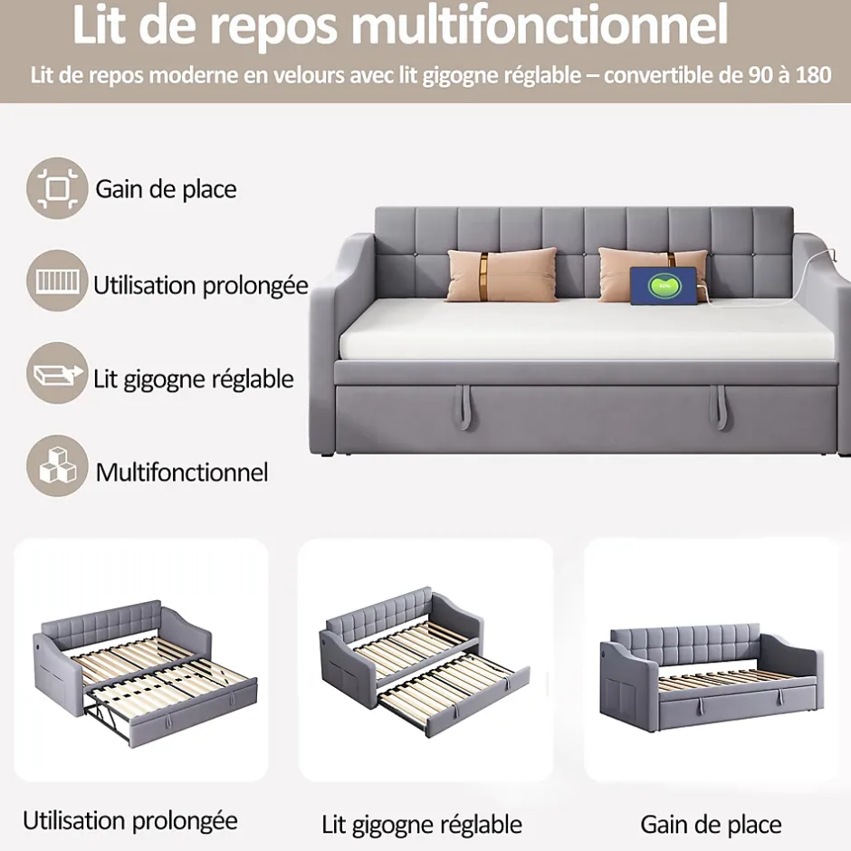 Okwish Lit Gigogne Capitonné 2-en-1 90/180x190 cm avec Rangement et Prise USB, Lit Convertible en Velours, Gris Discount