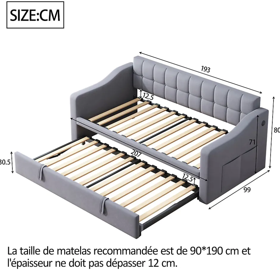 Okwish Lit Gigogne Capitonné 2-en-1 90/180x190 cm avec Rangement et Prise USB, Lit Convertible en Velours, Gris Discount