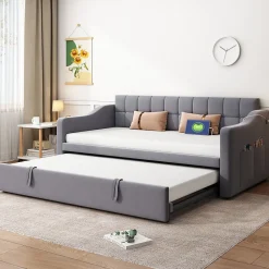 Okwish Lit Gigogne Capitonné 2-en-1 90/180x190 cm avec Rangement et Prise USB, Lit Convertible en Velours, Gris Discount