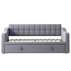 Okwish Lit Gigogne Capitonné 2-en-1 90/180x190 cm avec Rangement et Prise USB, Lit Convertible en Velours, Gris Discount