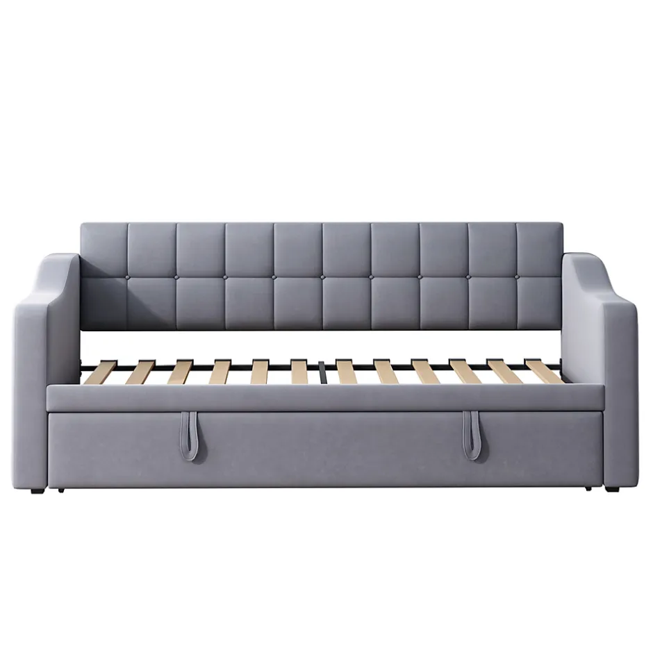 Okwish Lit Gigogne Capitonné 2-en-1 90/180x190 cm avec Rangement et Prise USB, Lit Convertible en Velours, Gris Discount