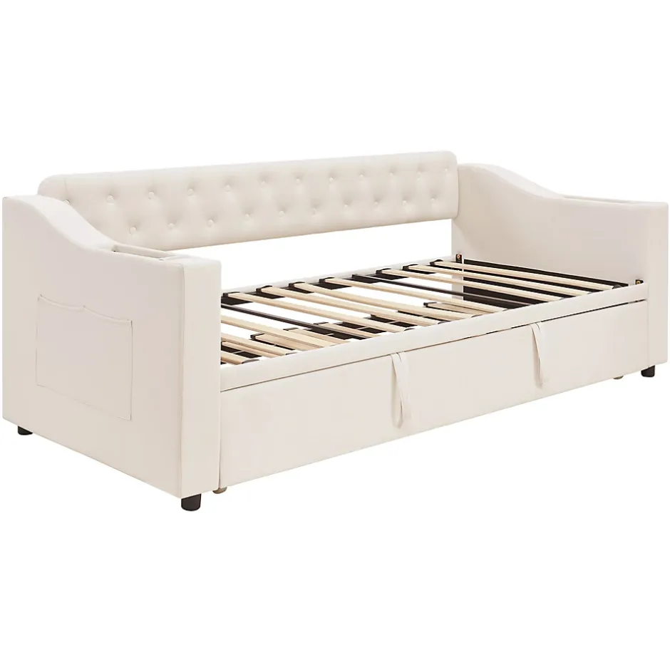 Okwish Lit Gigogne Capitonné 90x190 cm en Velours avec Rangement et Prise USB, Lit Multifonction Convertible 90/180 cm, Beige Hot