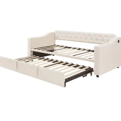 Okwish Lit Gigogne Capitonné 90x190 cm en Velours avec Rangement et Prise USB, Lit Multifonction Convertible 90/180 cm, Beige Hot