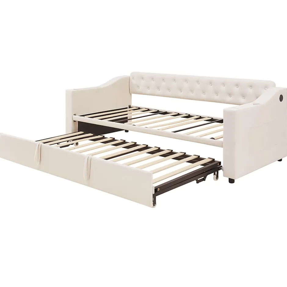 Okwish Lit Gigogne Capitonné 90x190 cm en Velours avec Rangement et Prise USB, Lit Multifonction Convertible 90/180 cm, Beige Hot