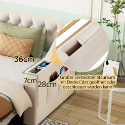 Okwish Lit Gigogne Capitonné 90x190 cm en Velours avec Rangement et Prise USB, Lit Multifonction Convertible 90/180 cm, Beige Hot