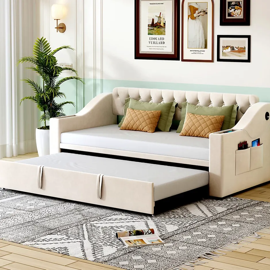 Okwish Lit Gigogne Capitonné 90x190 cm en Velours avec Rangement et Prise USB, Lit Multifonction Convertible 90/180 cm, Beige Hot