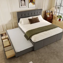 Okwish Lit Gigogne Double 140x200 cm - 3 Tiroirs de Rangement et Tête de Lit Réglable, Rembourré en Tissu Lin, sans Matelas, Gris