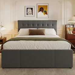 Okwish Lit Gigogne Double 140x200 cm - 3 Tiroirs de Rangement et Tête de Lit Réglable, Rembourré en Tissu Lin, sans Matelas, Gris