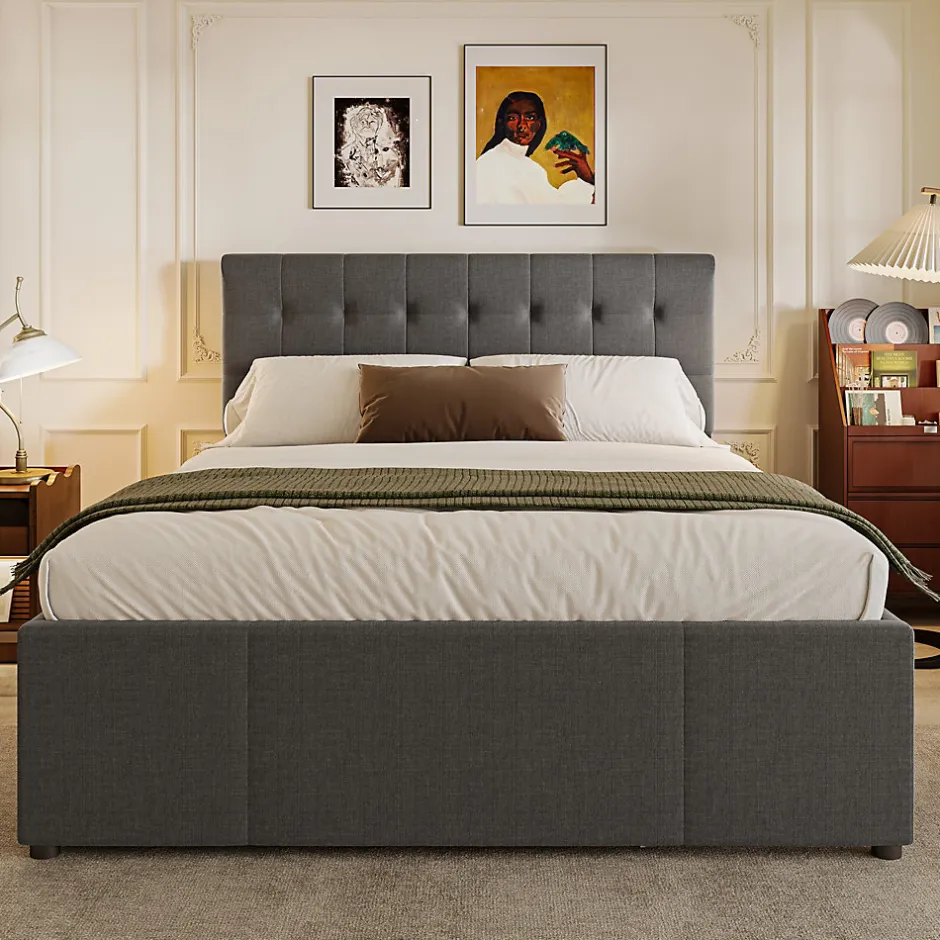 Okwish Lit Gigogne Double 140x200 cm - 3 Tiroirs de Rangement et Tête de Lit Réglable, Rembourré en Tissu Lin, sans Matelas, Gris