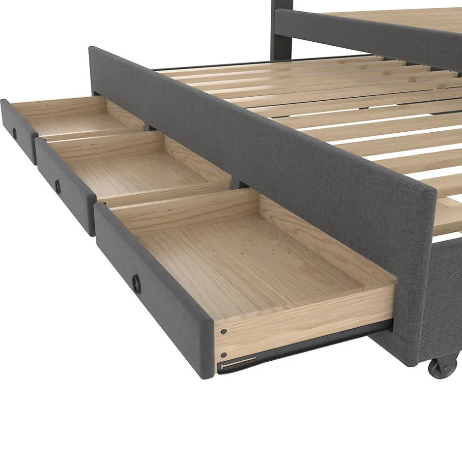 Okwish Lit Gigogne Double 140x200 cm - 3 Tiroirs de Rangement et Tête de Lit Réglable, Rembourré en Tissu Lin, sans Matelas, Gris