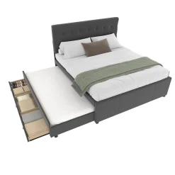 Okwish Lit Gigogne Double 140x200 cm - 3 Tiroirs de Rangement et Tête de Lit Réglable, Rembourré en Tissu Lin, sans Matelas, Gris