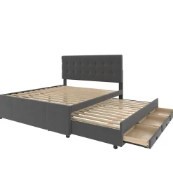 Okwish Lit Gigogne Double 140x200 cm - 3 Tiroirs de Rangement et Tête de Lit Réglable, Rembourré en Tissu Lin, sans Matelas, Gris