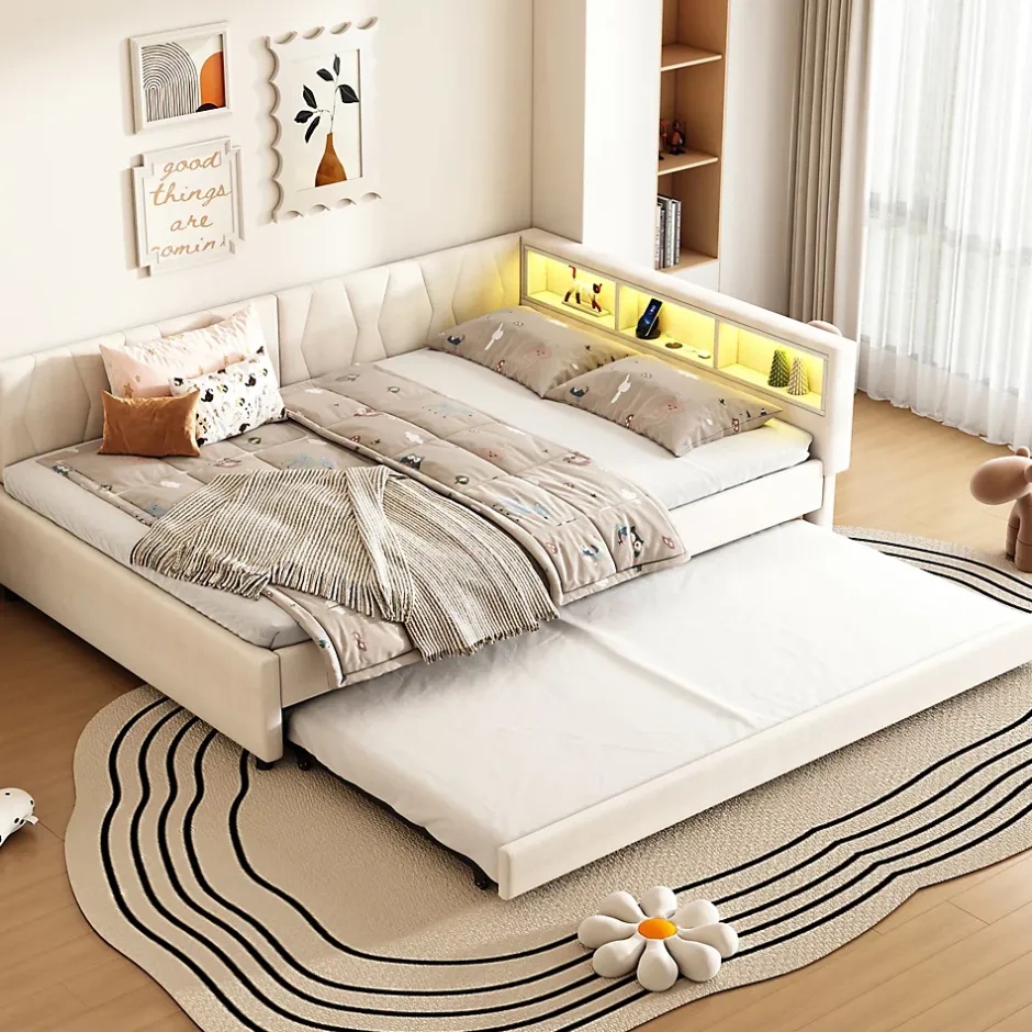 Okwish Lit Gigogne Double 140x200 cm - Ports USB Type-C et Éclairage LED d'Ambiance, Compartiment de Rangement, Lin, sans Matelas - Beige Outlet