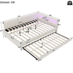 Okwish Lit Gigogne Double 140x200 cm - Ports USB Type-C et Éclairage LED d'Ambiance, Compartiment de Rangement, Lin, sans Matelas - Beige Outlet