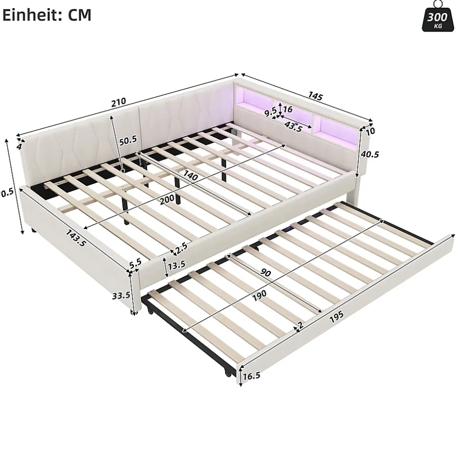 Okwish Lit Gigogne Double 140x200 cm - Ports USB Type-C et Éclairage LED d'Ambiance, Compartiment de Rangement, Lin, sans Matelas - Beige Outlet