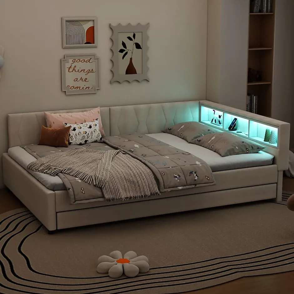 Okwish Lit Gigogne Double 140x200 cm - Ports USB Type-C et Éclairage LED d'Ambiance, Compartiment de Rangement, Lin, sans Matelas - Beige Outlet