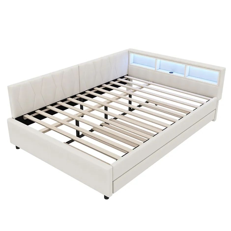 Okwish Lit Gigogne Double 140x200 cm - Ports USB Type-C et Éclairage LED d'Ambiance, Compartiment de Rangement, Lin, sans Matelas - Beige Outlet