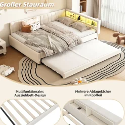 Okwish Lit Gigogne Double 140x200 cm - Ports USB Type-C et Éclairage LED d'Ambiance, Compartiment de Rangement, Lin, sans Matelas - Beige Outlet